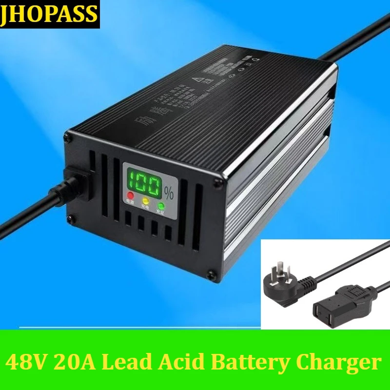HD 48V 20A Smart LCD AGM GEL Dry Water Lead Acid Battery Charger for Four-wheeler NEV EV Motorcycle E-bike 220V UK US EU AU Plug