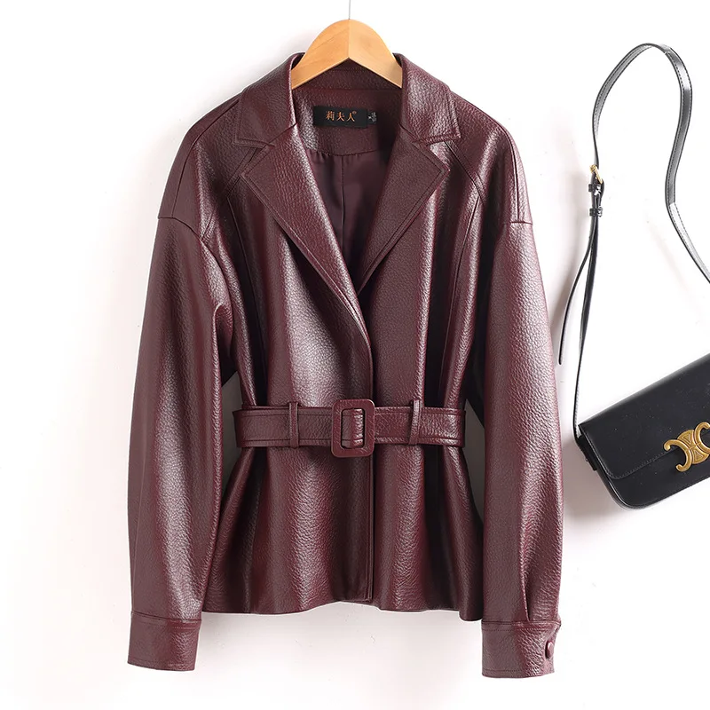

Spring Autumn Women Leather Jacket New Solid Color Belt Slim Ladies Leather Coat Female Casual Tops Outerwear Overcoat Clothing