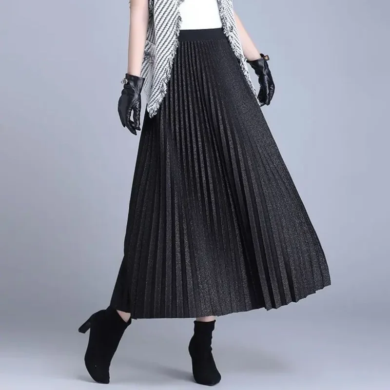 Women's Black Glitter Pleated Maxi Skirt High Waist A-Line Flowy Casual Long Skirt
