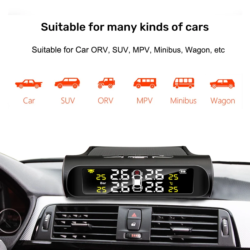 hot sale Car TPMS Tire Pressure Monitoring System Solar Charging HD Digital LCD Display Auto Alarms Wireless External Sensors