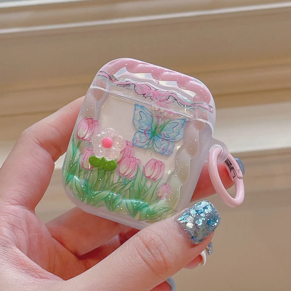 INS Rosa Tulpe 3D Blume Schmetterling Hülle für Apple AirPods Pro 1 2 3 Butterfly Twists Edge Wireless Kopfhörer Box Cover Schlüsselanhänger