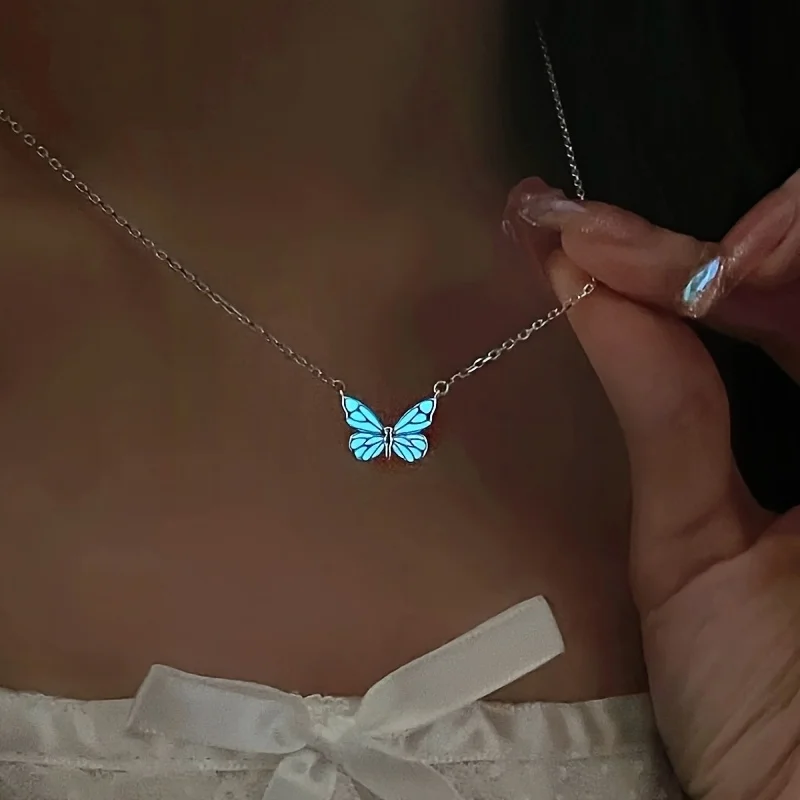 Butterfly lamp necklace female simple light luxury fashion new blue luminous butterfly clavicle chain female