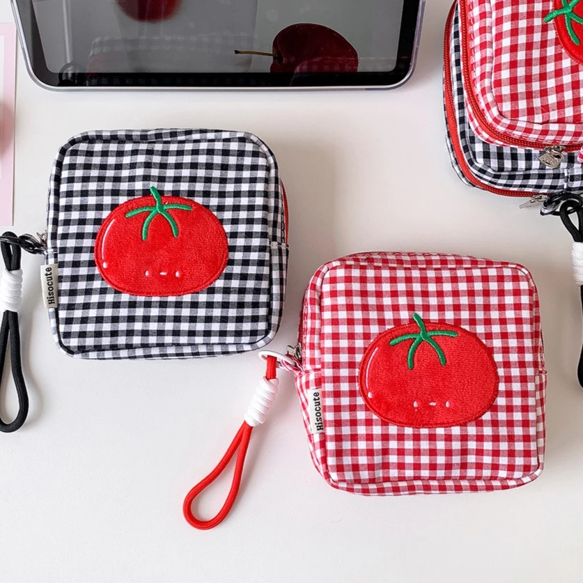 Girls Cartoon Tomato Square Cosmetic Bag, Portable 3D Storage Pouch for Earphones & Data Cables, Plaid Coin Purse