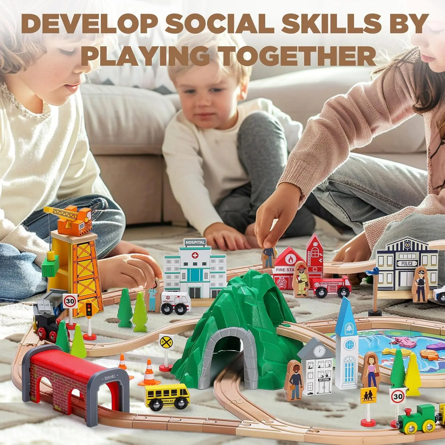 유아용 112피스 나무 기차 세트 - 양면 기차 트랙, 남아 및 여아를 위한 완벽한 나무 장난감