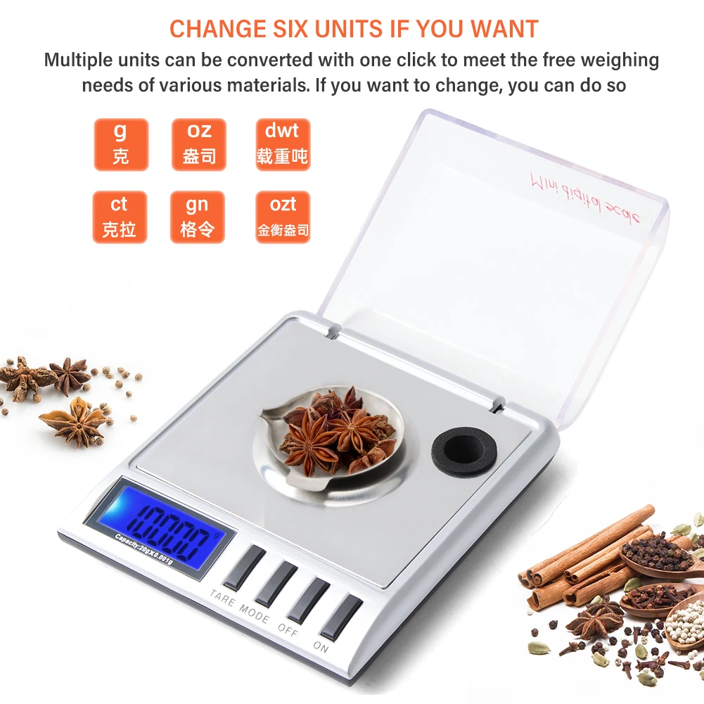 10g 20gx0.001 Mini Digital Pocket Jewelry Scale High Precision Diamond Gem Scales Electronic Balance Standard Weights Included