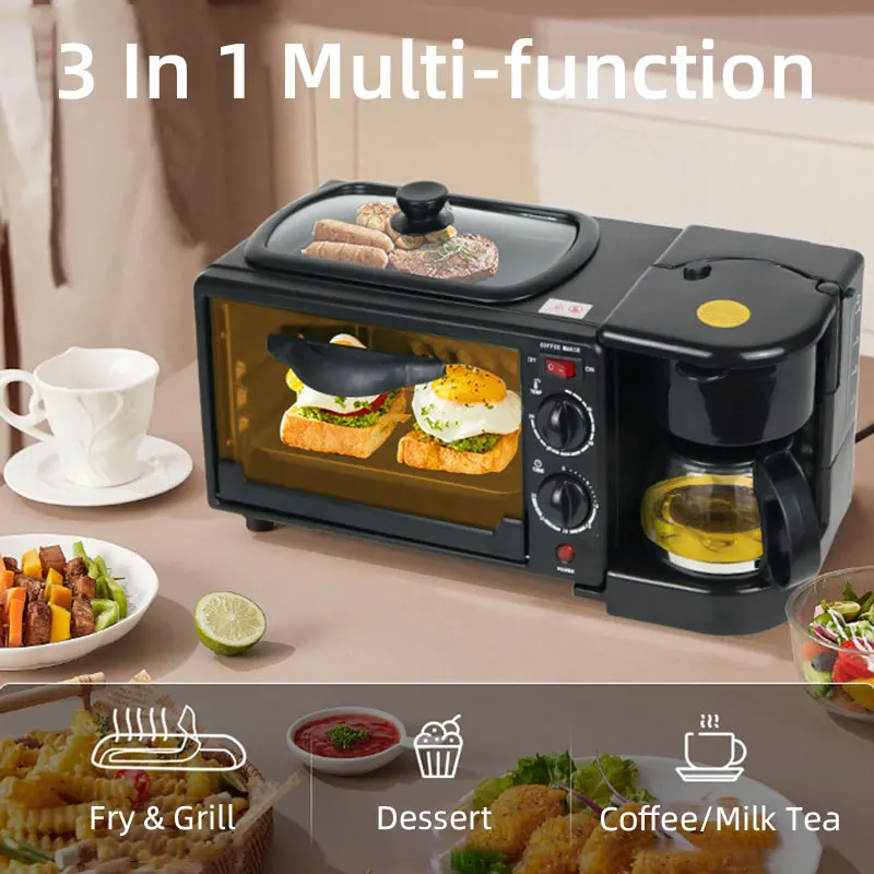 Macchina per la colazione multifunzionale 3 in 1, forno con capacità di 9 litri, macchina da caffè da 600 ml, padella con rivestimento antiaderente, elettrodomestici da cucina