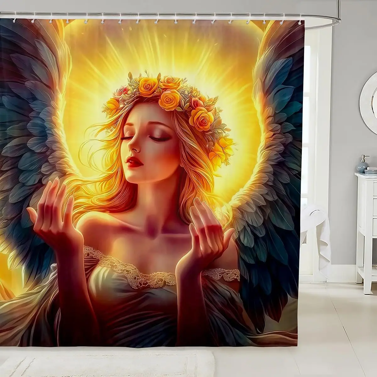 Majestic Angelic Goddess Floral Design Shower Curtain Bath Decor Spiritual Fantasy Art Print Bathroom Curtain 180x180cm