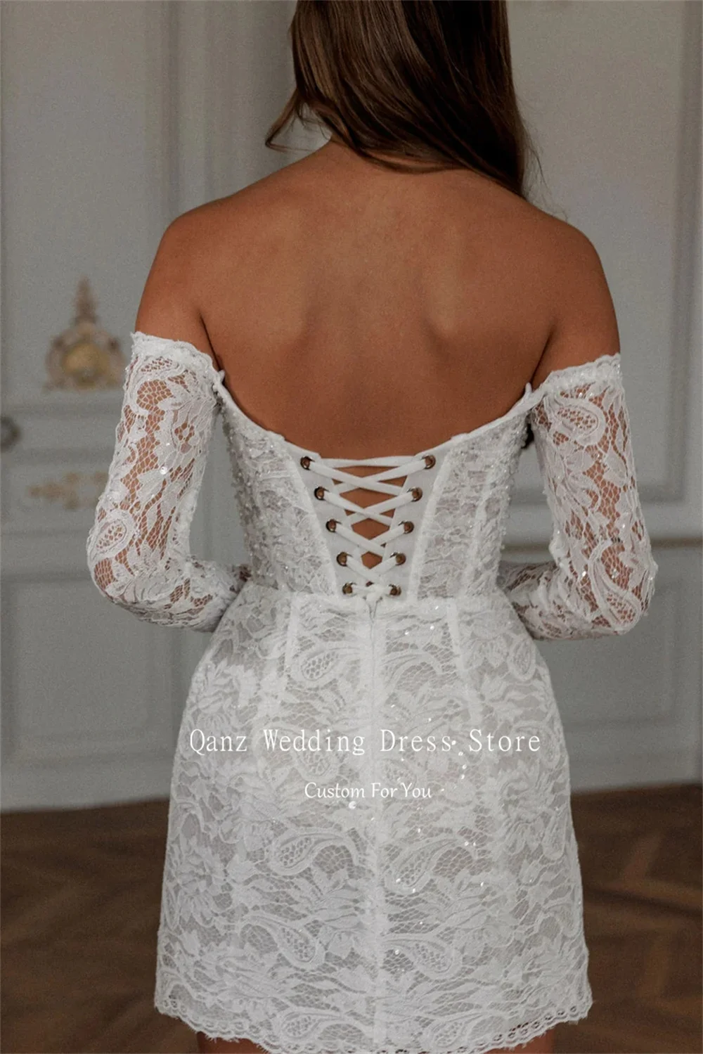 Qanz branco brilho vestidos de casamento brilhante rendas apliques personalizado vestido de festa mangas compridas curto sereia robe chique elegante