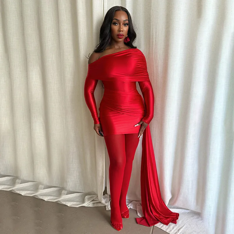 Women's Clothing Autumn And Winter New Solid Color Slim-fitting Slanted Shoulder Lapel Long-sleeved Streamer Short Dress