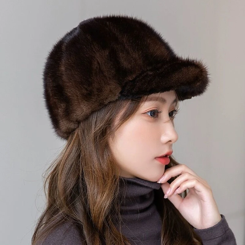 Winter High Quality Real Mink Fur Bomber Hat For Women Black Tag Ear Warm Chapeau Driving Cap