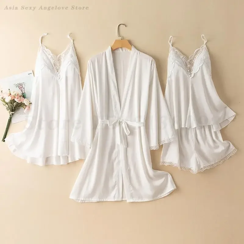 

White Lace Four Piece Pajamas Set Autumn Female Satin Homewear Loungewear Sexy Bathrobe Nightgown Loose Bridal Sleepwear Gift