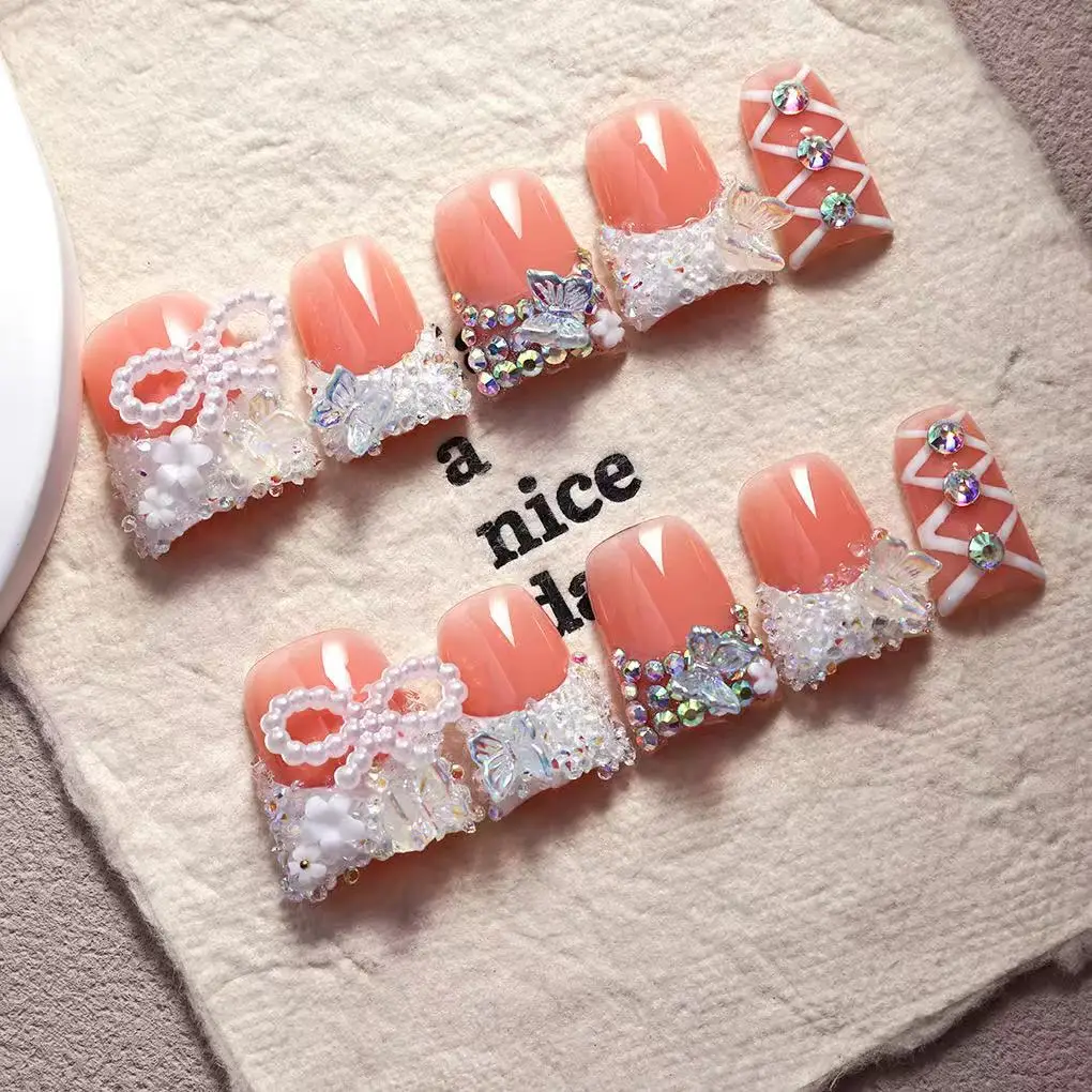 10pcs high-end The ice is crystal clear and the diamonds are glittering handmade coffin French tips fake nails