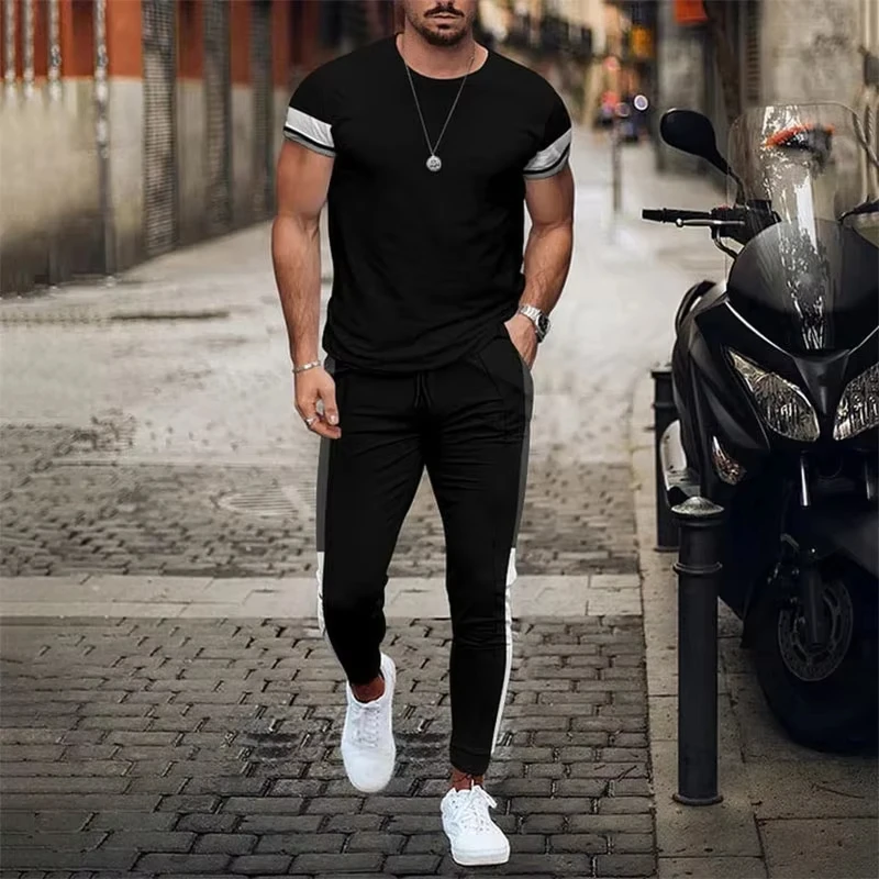 Newest Summer Men 3D Printed short T-shirt Trousers Set Men T-shirt Trousers Set Man Short Sleeve Long Pants Set Retro Casual