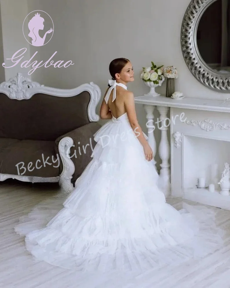 

Customized Satin Flower Girl Dresses For Wedding High Collar With Trailing Floor Length First Communion Quinceanera Gifts Gown