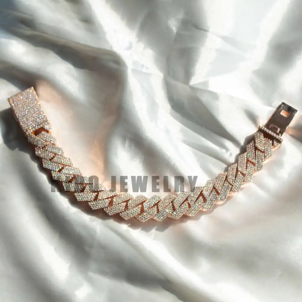 Custom Heavy Hip Hop Big Size Rapper 925 Silver with Rose Gold Mossanite 18mm Vvs1 Moissanite Iced Out Cuban Link Bracelet