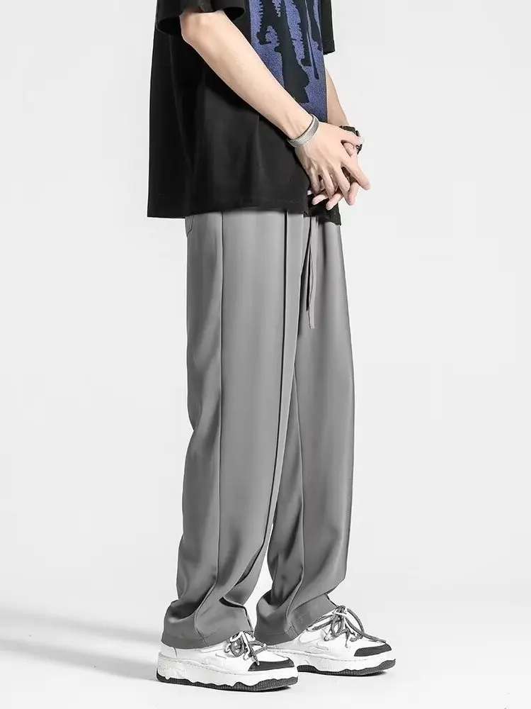 بنطلون رجالي من الحرير الجليدي على الطراز الأمريكي للربيع والصيف رقيق ومستقيم وفضفاض مقاس كبير بنطلون طويل غير رسمي من ألياف ...