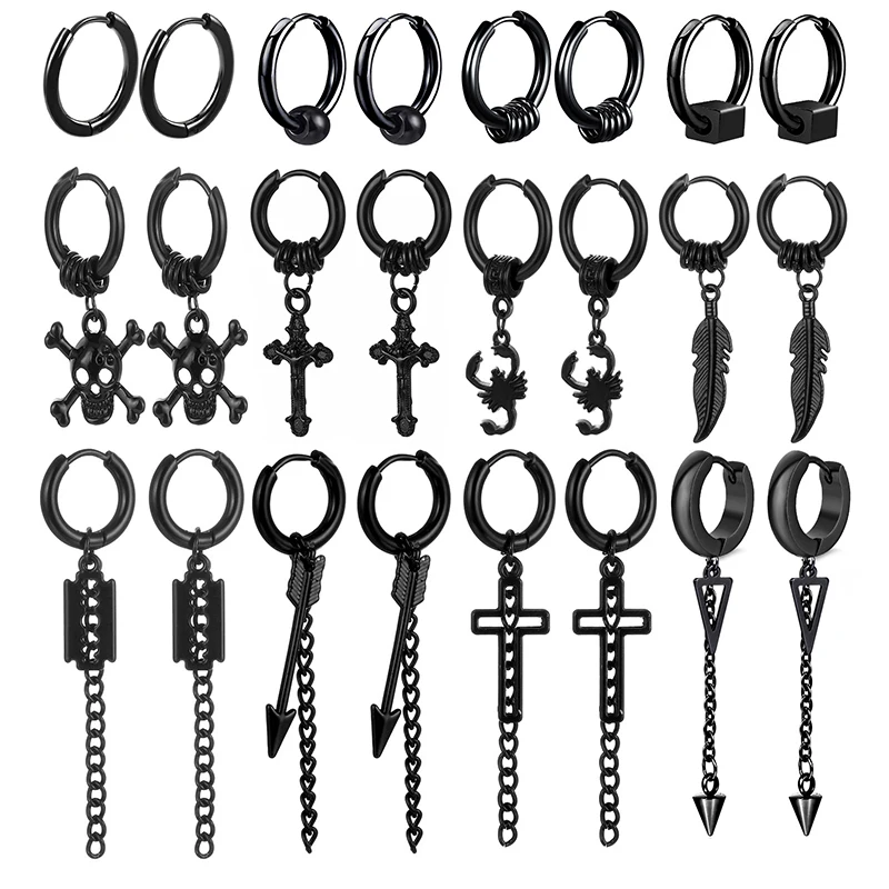 1 Pair Black Color Chain Cross Pendant Earrings For Men/Women Creative Hip-hop Unisex Gothic Pop Collection Punk Jewelry