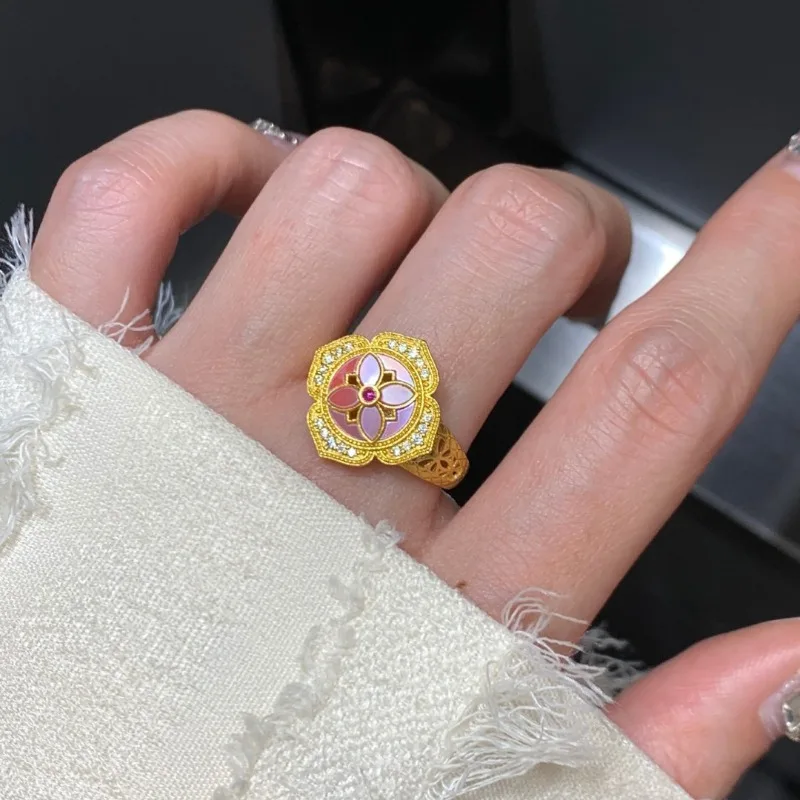 خاتم زهر الخوخ الوردي من المينا في العصور الوسطى للنساء، مجموعة ألماس ذهبية اللولبية، مجوهرات عصرية خفيفة فاخرة على طراز المحكمة