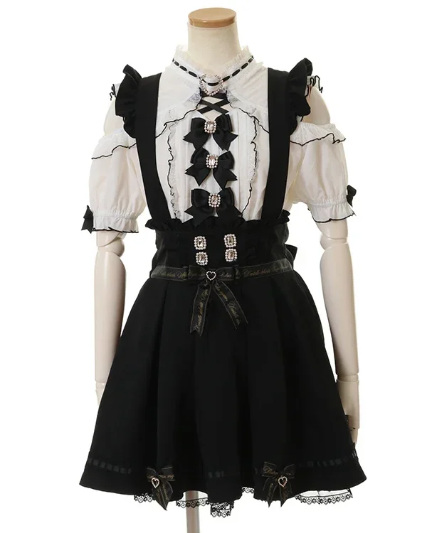 Japanese Liz Sweet Girls Rhienstone Bow Straps Skirt Mine Mass-Produced Detachable Ruffles Suspender Skirt Women Pleated Skirts