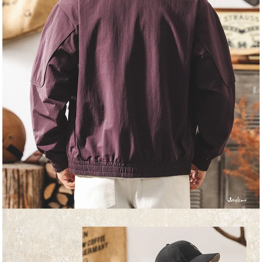 A trendy American retro purple jacket for men, a new spring and autumn commuting stand-up collar loose coach jacket for men view 6