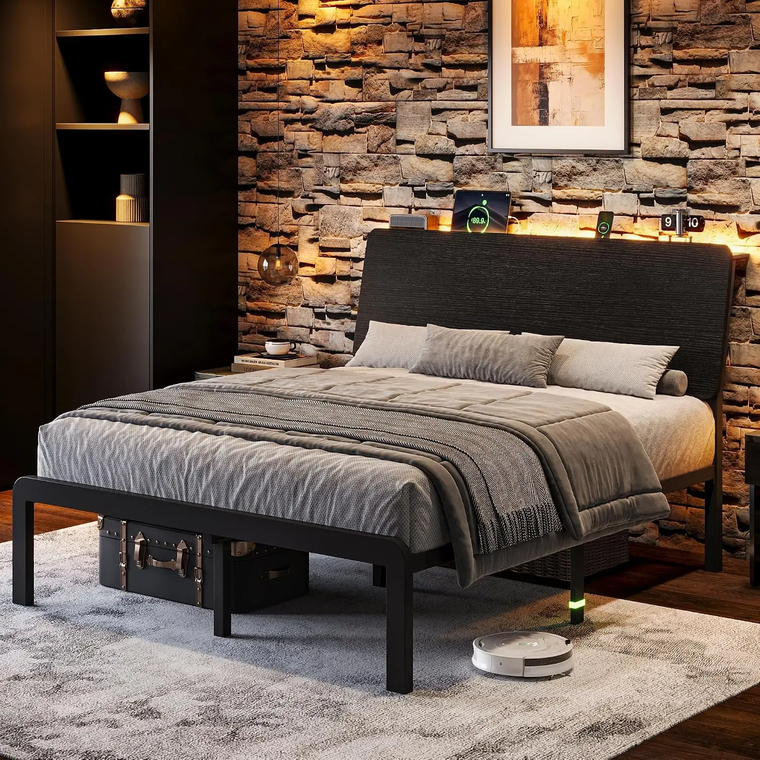 Queen Bed Frame Storage Headboard LED Charging Station 12