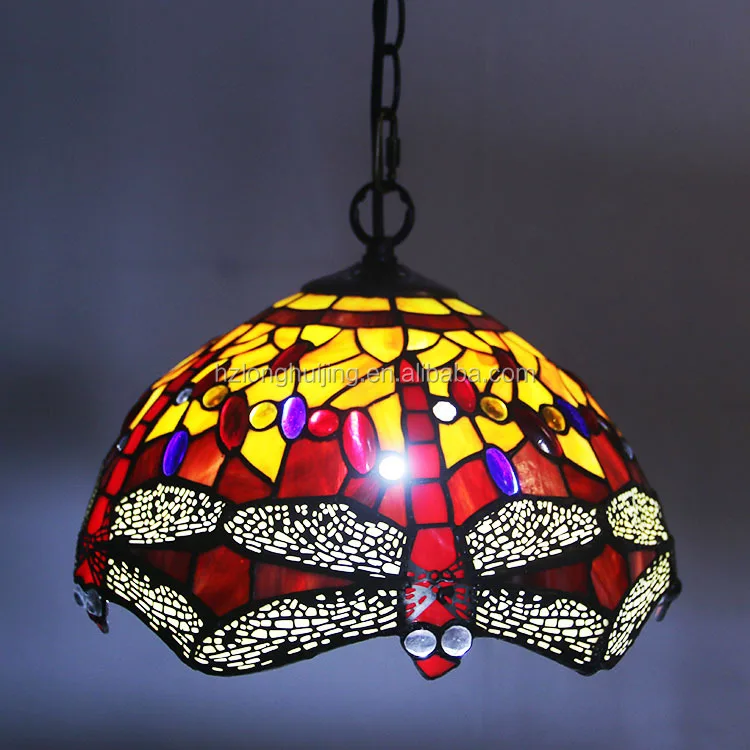 European Pastoral Retro Style Pendant Lights Dragonfly Pattern Glass Shade Bedroom 12inch  Kitchen Lights