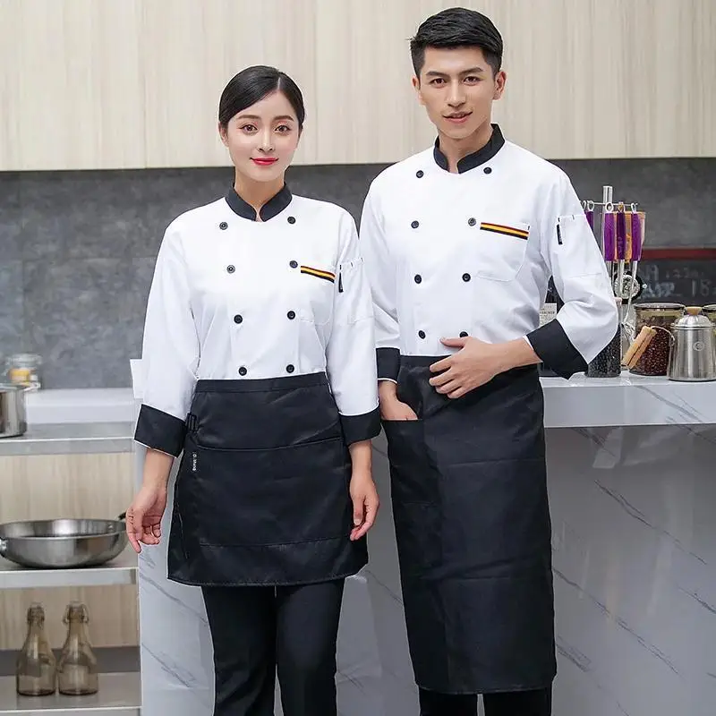 Chef Jacket Men Long Sleeve Shirt Apron Hat Bakery Cook Coat Unisex Kitchen Pastry Clothes Restaurant Waiter Uniform Women Logo