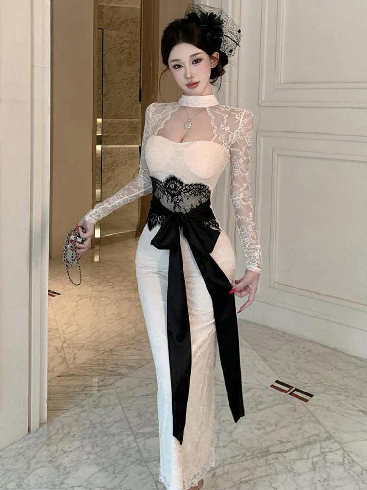 Fashion Women Lace Evening Gown Sheer Cutout Sexy Long Sleeve Bow Belt Bodycon Maxi Long Dress Cocktail Party Prom Robe Vestidos