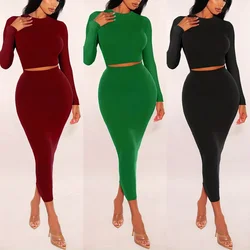 Women Skirts Set Long Sleeve Crop Tops Dress Two Piece Solid Color Skinny Bodycons Outfits Suits Knitted Slim Clothing