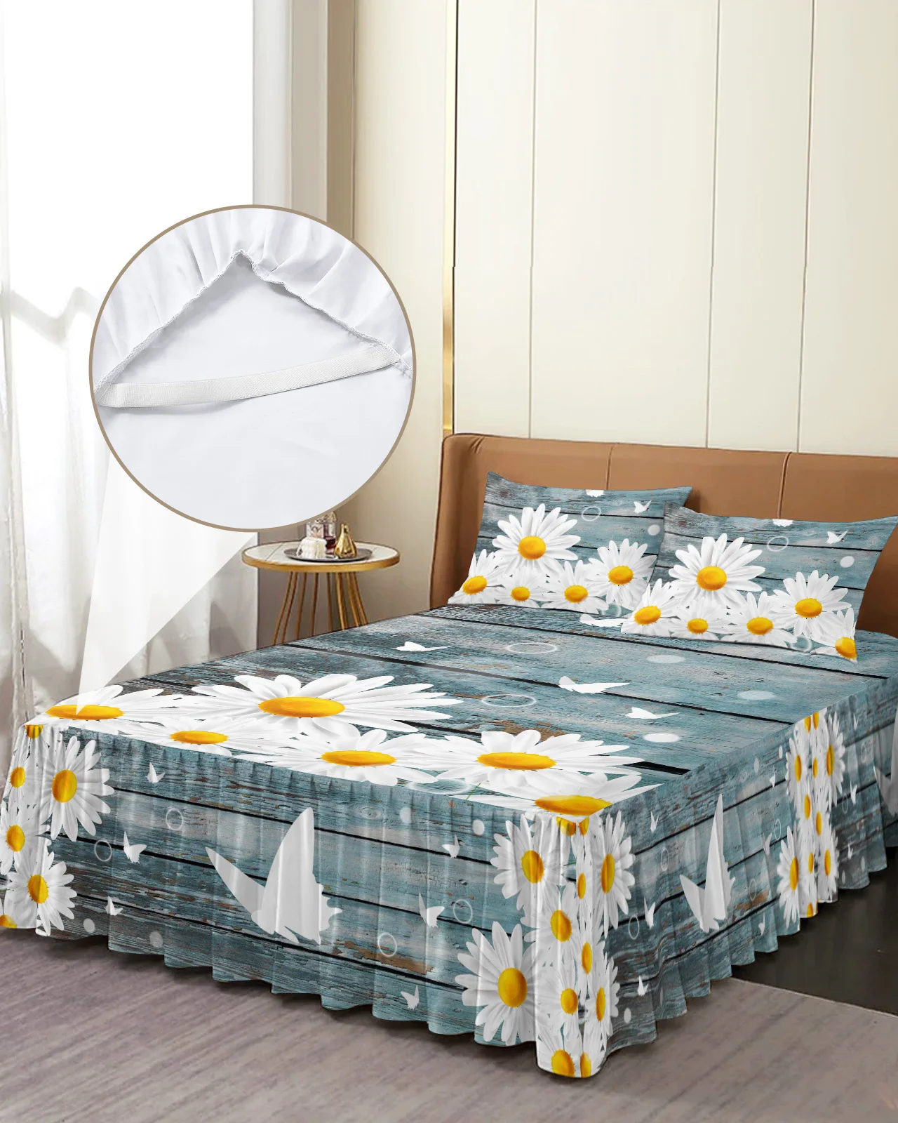 White Daisy Butterfly Wood Grain Flower Bed Skirt Elastic Fitted Bedspread With Pillowcases Mattress Cover Bedding Set Bed Sheet