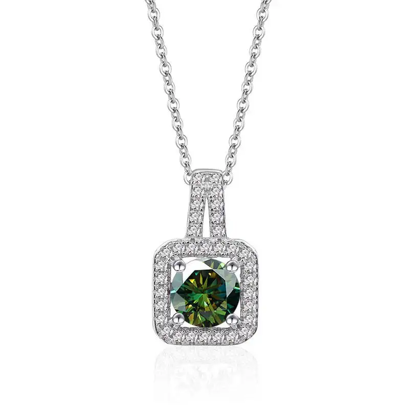 925 Silver Square Frame Halo Pendant Necklace Round Cut D VVS1 Multi Color Moissanite Elegant Gift Fine Jewelry For Women