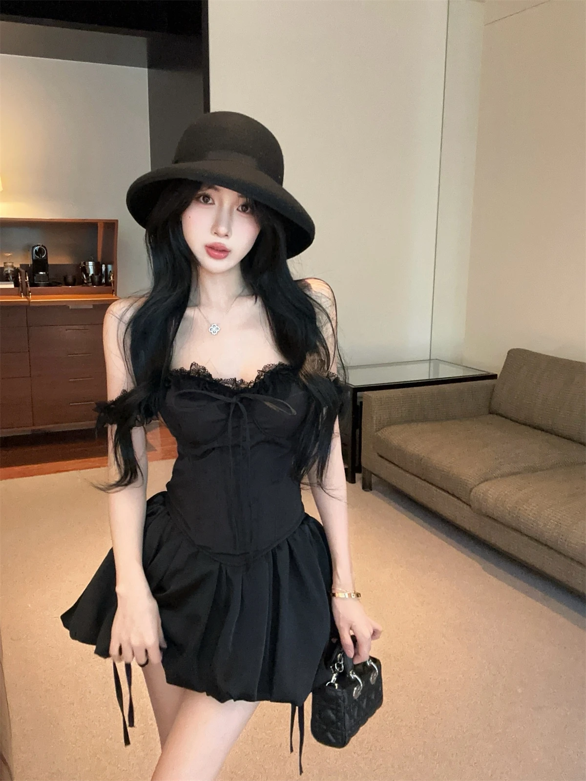 Pure Desire Fibone Lace Ear Flounce Strap Vest Top Flower Bud Skirt Women's Faion Set Autumn New Sle Svel 