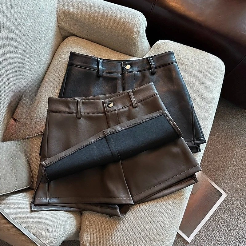 Sexy PU Skirts Woman Solid Autumn Winter Vintage Mini Skirt Korean Fashion High Waist Vintage Slim Jupe Femme
