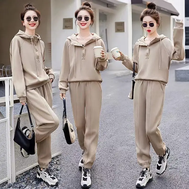 Women\'s Casual Suit Spring Autumn 2024 New Hooded Sweater Fashion Running Sports Tops And Pants Two Piece Set Plus Size Clothing