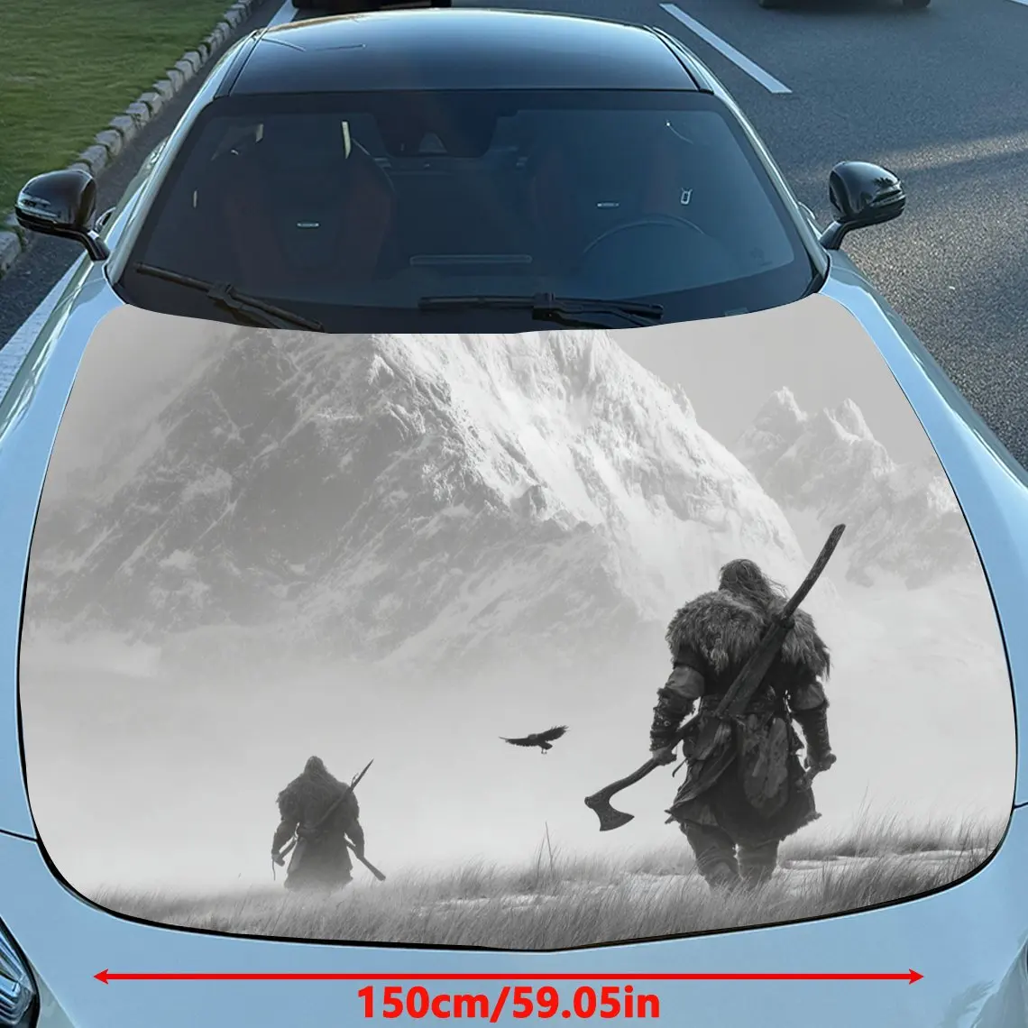 Viking Warriors In The Snow Capped Mountains PVC Car Vinyl Wrap - Self-Adhesive Waterproof Hood Decal Sticker,Durable Protection
