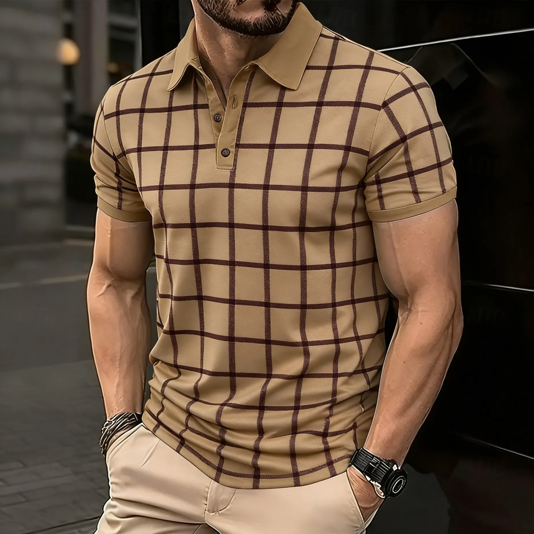 Minimalist Line Grid Printed Men Polo Shirts 3D Triangle Graphic Short Sleeve Summer Tops Outdoor Casaul Daily Men Clothing Tops