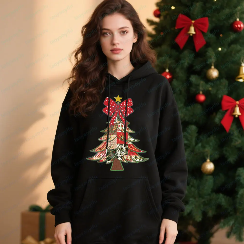 Felpe con cappuccio retrò per albero di Natale Felpe patchwork natalizie vintage Buon regalo di Natale Abbigliamento Top casual alla moda da donna