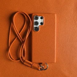 Luxury Cowhide Genuine Leather Case For Samsung Galaxy S24 Ultra S23 S22 S21 S20FE  Strap Crossbody Lanyard Phone Cover Coque