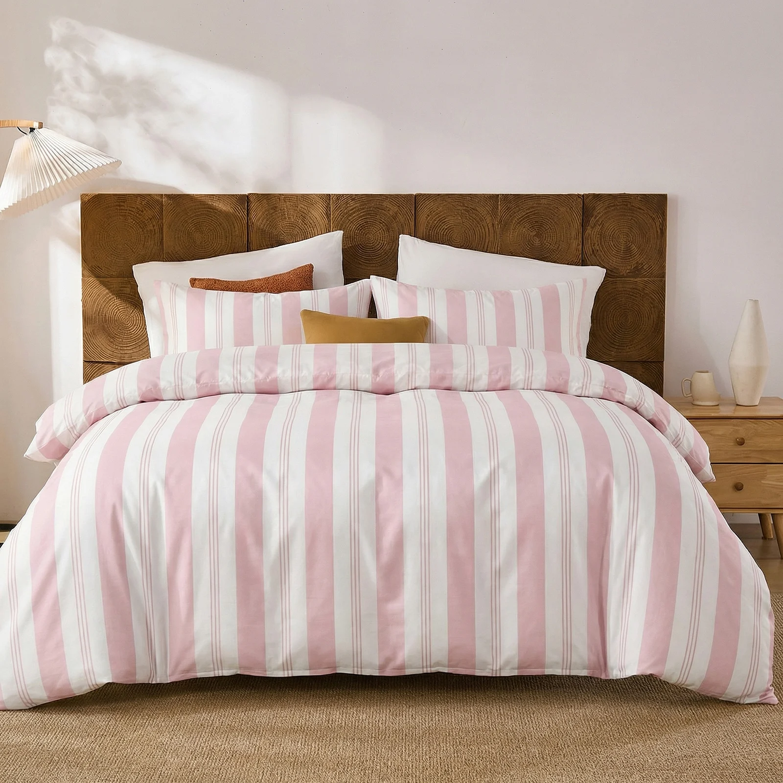 Pink Striped Duvet Cover Set Queen Size, 100% Cotton Bedding Set with Zipper Closure & 8 Corner Ties, Awning Stripe Bedding, Soft Breathable Comforter Cover for All Seasons