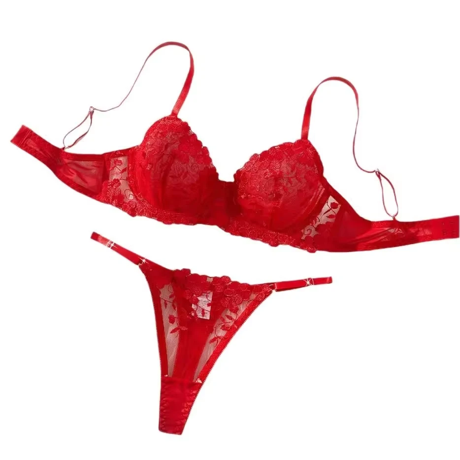 

Western Sexy Red Pure Bra See Through Mesh Embroidery Underwears Womens Erotic Seductive Clothing Womens Sexy Lingerie Set