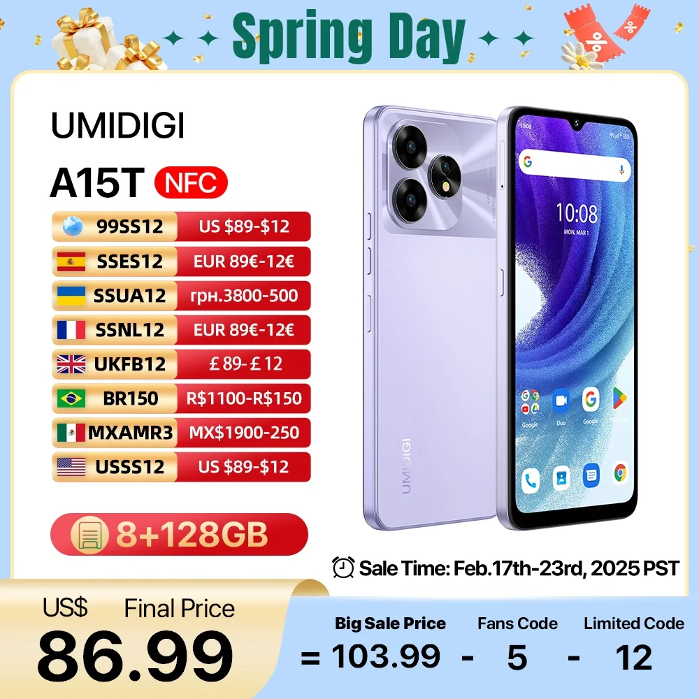 UMIDIGI A15T Smartphone Android 13 MTK Helio G95 Octa-Core Ultra-Sottile 6.7 ''HD+ 8+8GB 128GB 64MP