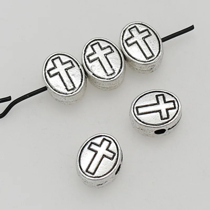 30pcs/Lot Religious Christian Crosses Oval Loose Beads 9x7mm  Handmade Prayer Metal Spacers DIY Jewelry Findings Women/Men