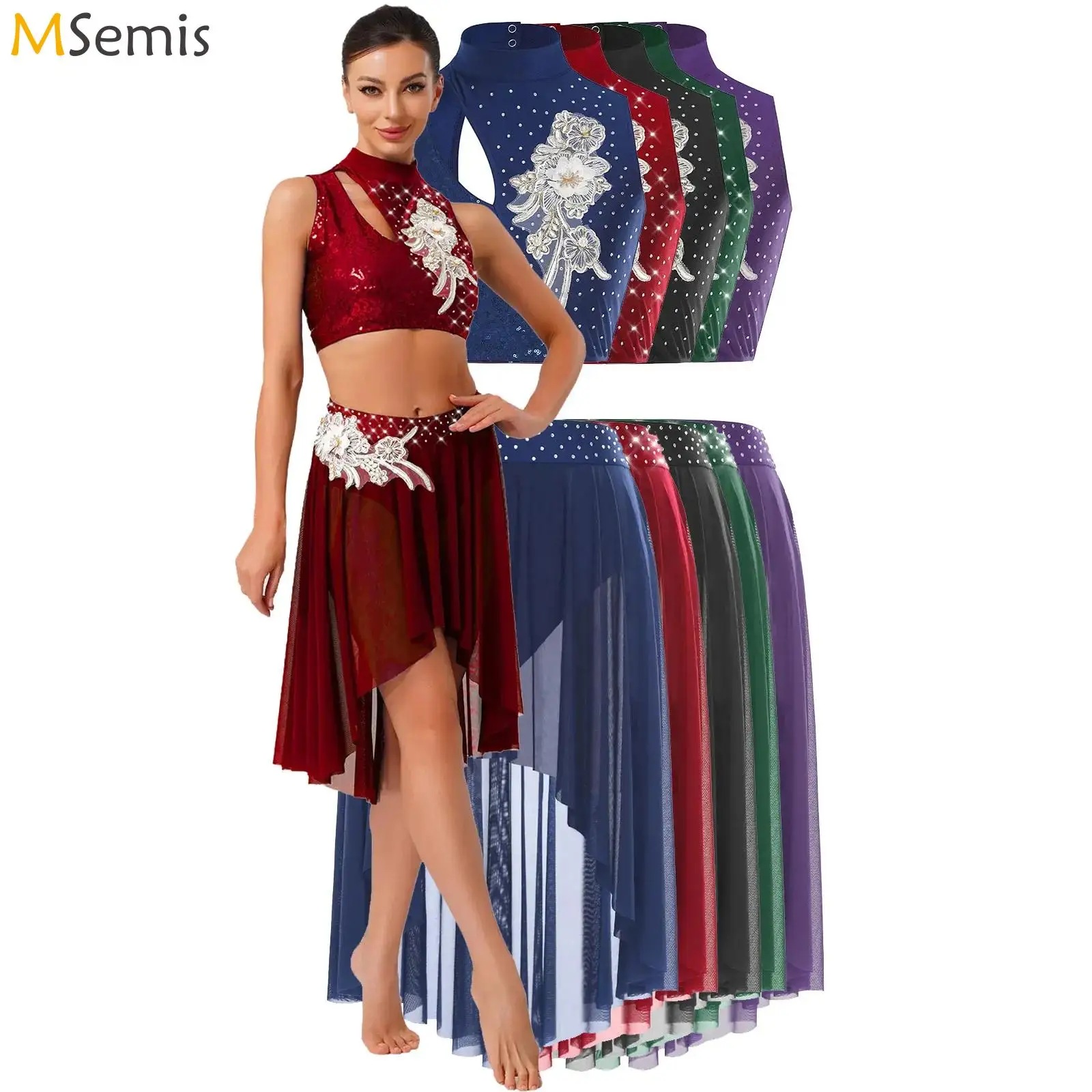 여성 발레 댄스웨어 복장 아플리케 서정적 현대 현대 의상 라인 석 크롭 탑 + 불규칙한 레오타드 스커트 세트