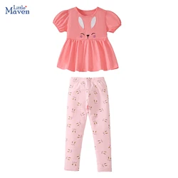 Little maven 2025 새로운 Tracksuit 여름 코튼 아기 소녀 아동 의류 세트 만화 토끼 탑 + 바지 아동복