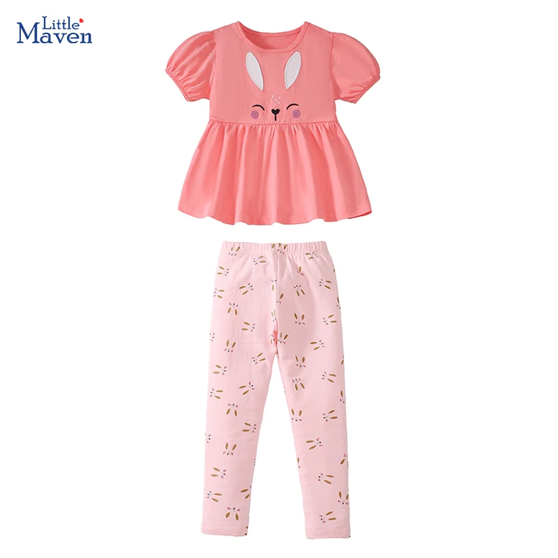 Little maven 2025 New Tracksuit Summer Cotton Baby Girls Children's Clothing Sets Cartoon Rabbits Tops+Pants Kids Clothes