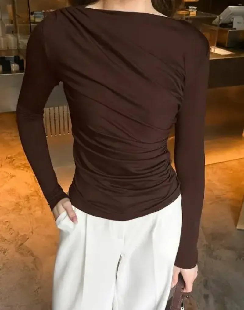 

2025 autumn cross-border new pleated design niche slim fit waist cinching spicy girl style long sleeved base shirt for women