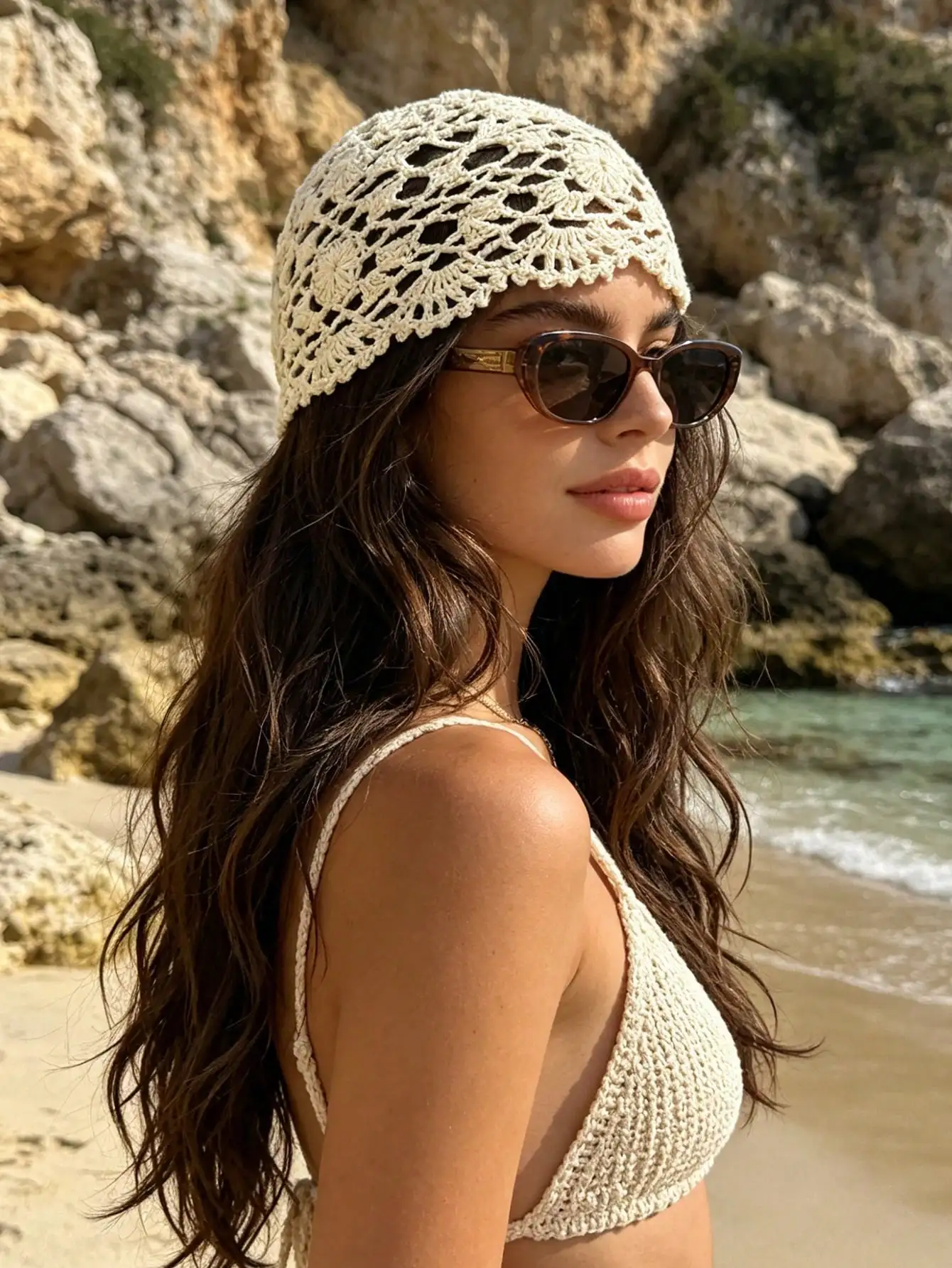1pc Fashionable Bohemian Shell Flower Crochet Hollow Out Hat, Summer Beach Travel Accessory For Women