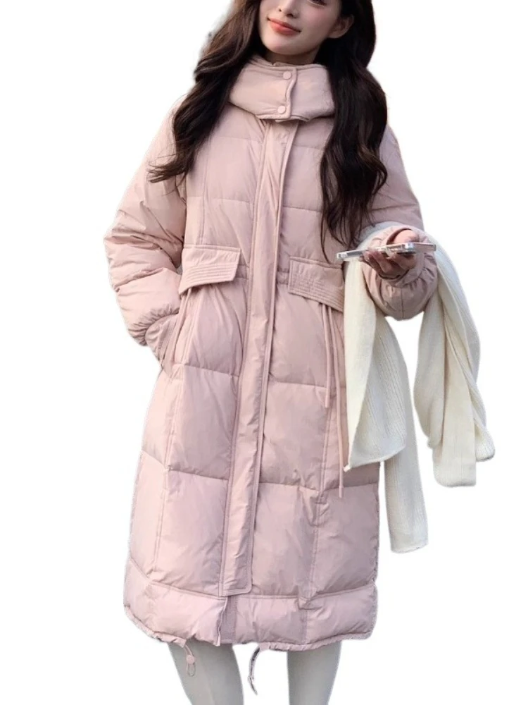 2025 New Down Jacket Women Korean Casual Loose Long Over Knee Hooded Parkas Winter Thicken Wear White Duck Puffer Coat Outerwear