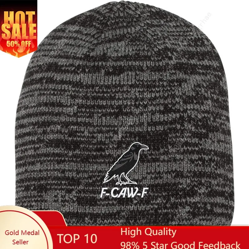 

Go All Out Funny Crow F-CAW-F Uncuffed Cuffed Marled Pom Embroidered Knit Beanie Cap