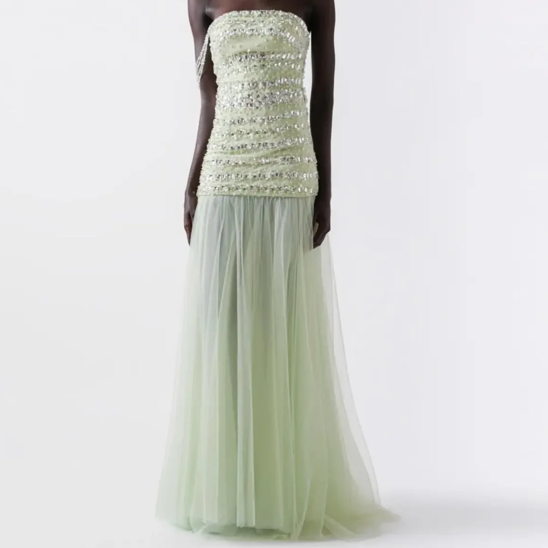 

Sky Green Beads Strapless Pleated Floor Length Party Dresses Saudi Evening Dresses Long Formal Women Prom Dresses Customized